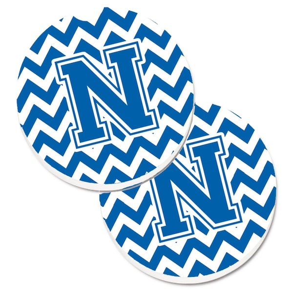 Carolines Treasures Letter N Chevron Blue and White Set of 2 Cup Holder Car Coaster CJ1056-NCARC - main